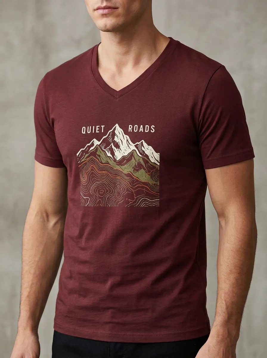 Men's Outdoor Adventure Quiet Roads Mountain Topographic Printed V-neck T-shirt