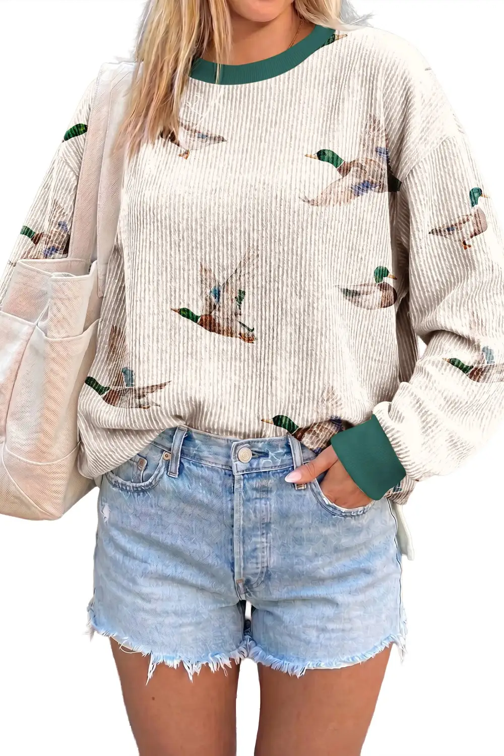 Western Print Crew Neck Ribbed Relaxed Stretch Fabric Long Sleeve Top