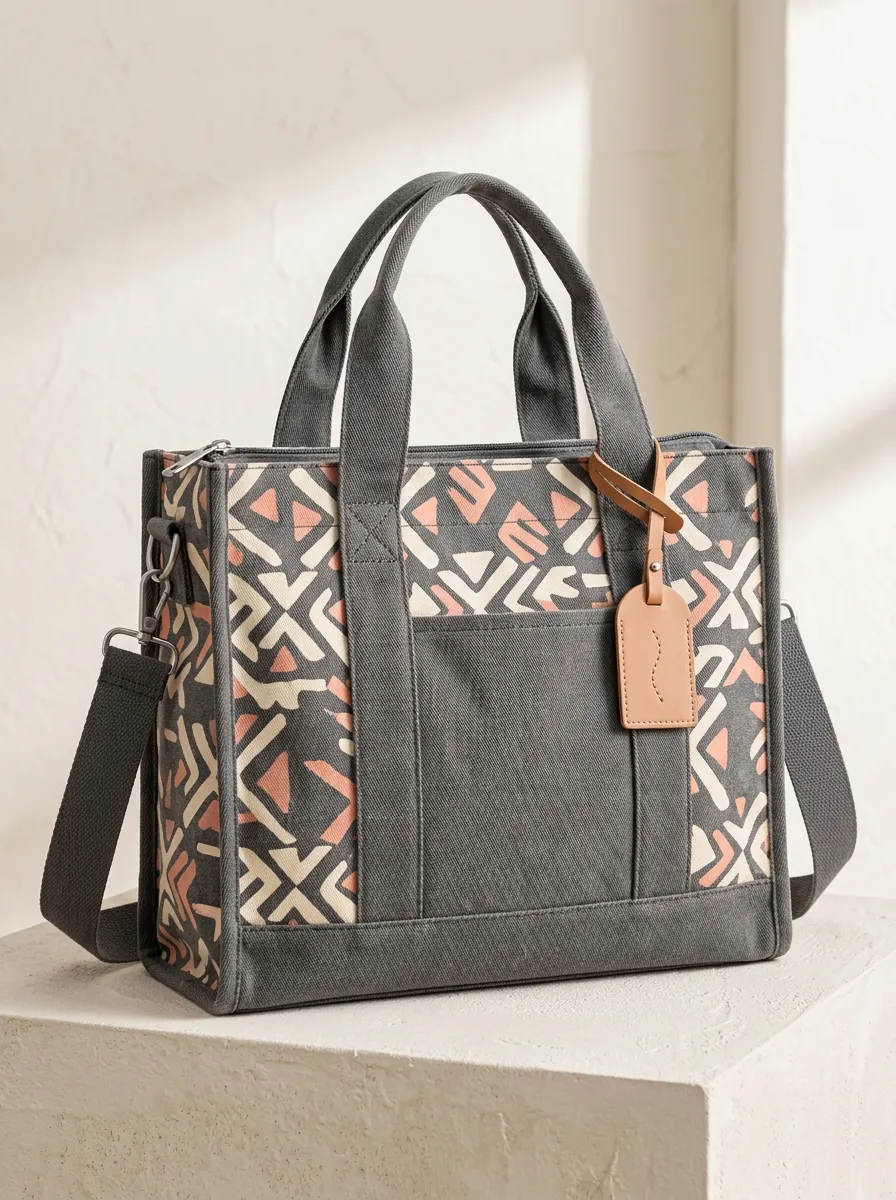 Women's Geometric Boho Front Pocket Printed Canvas Shoulder Tote Bag