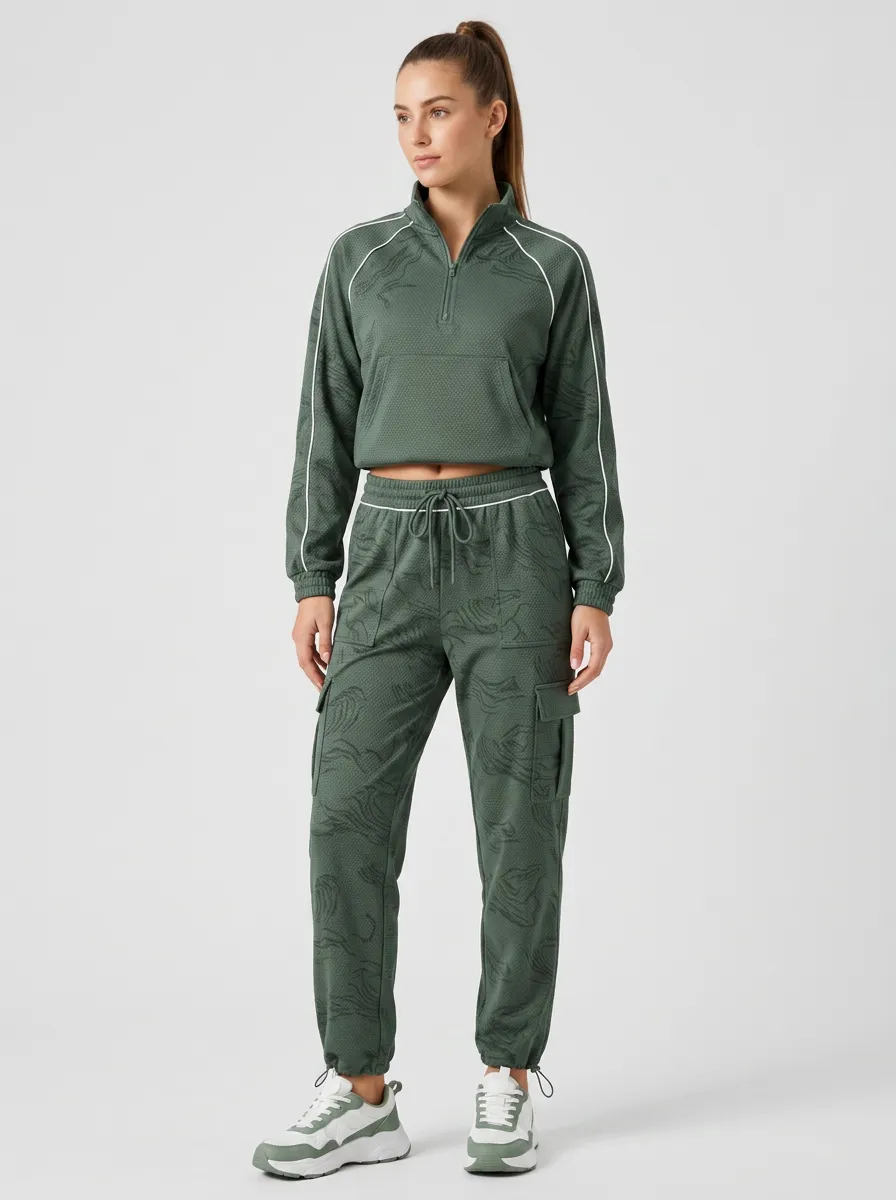 Women's Activewear Olive Green Abstract Pattern Printed Tracksuit