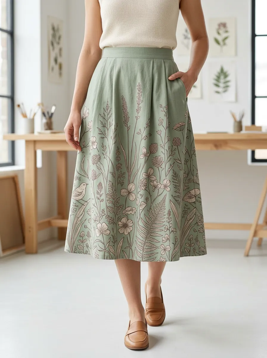 Women's Botanical Nature Lover Wildflower Bird Printed Skirt