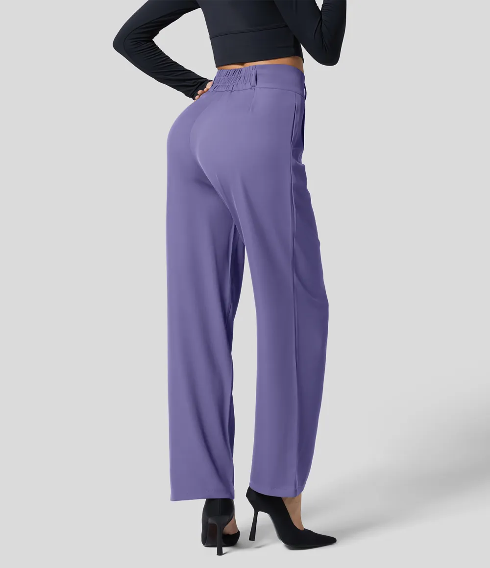 High Waisted Button Zipper Plicated Side Pocket Shirred Straight Leg Work Pants