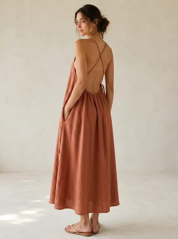 Women's Easy-Layer Casual Linen Maxi Backless Dress