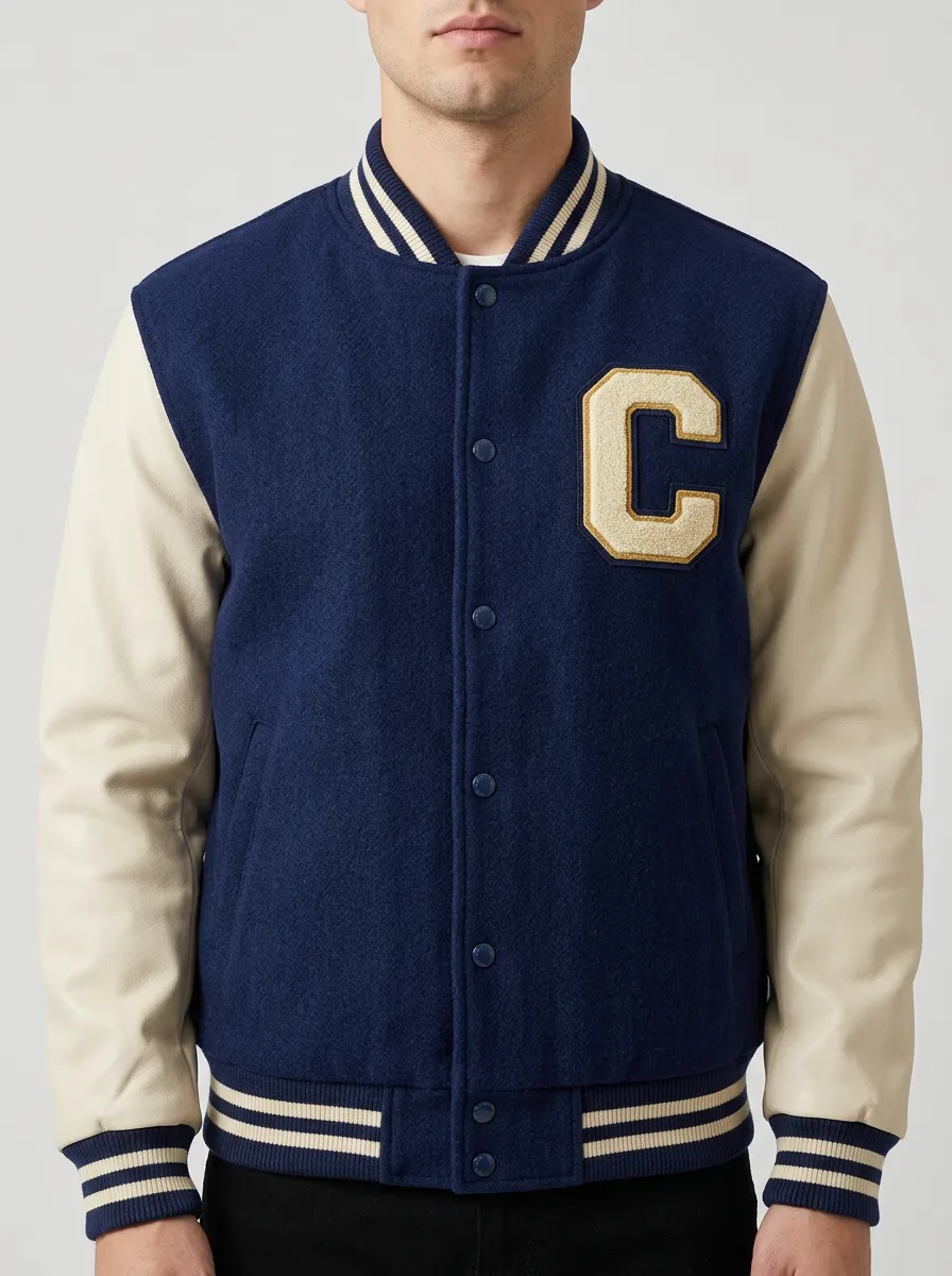 Men's Letter C Embroidered Patch Wool Baseball Jacket