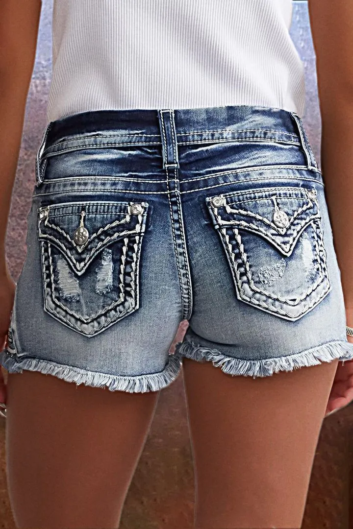 Embroidered Ripped Raw Hem Denim Shorts