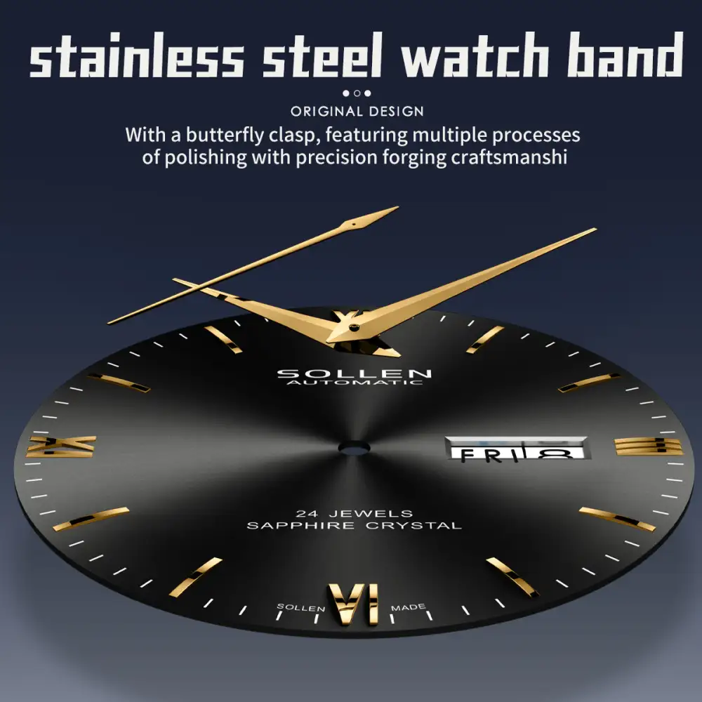 Sollen 9020 Automatic Watch - Men's Dual Calendar Sunray Dial Executive Stainless Steel Bracelet or Genuine Leather Strap Wristwatch