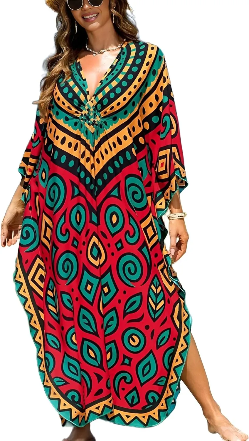 IMAGEKOPE Kaftan Dresses for Women Plus Size V-Neck Moo Moos Batwing Kaftan Beach Dress Bathing Suit Cover-Up Loungewear