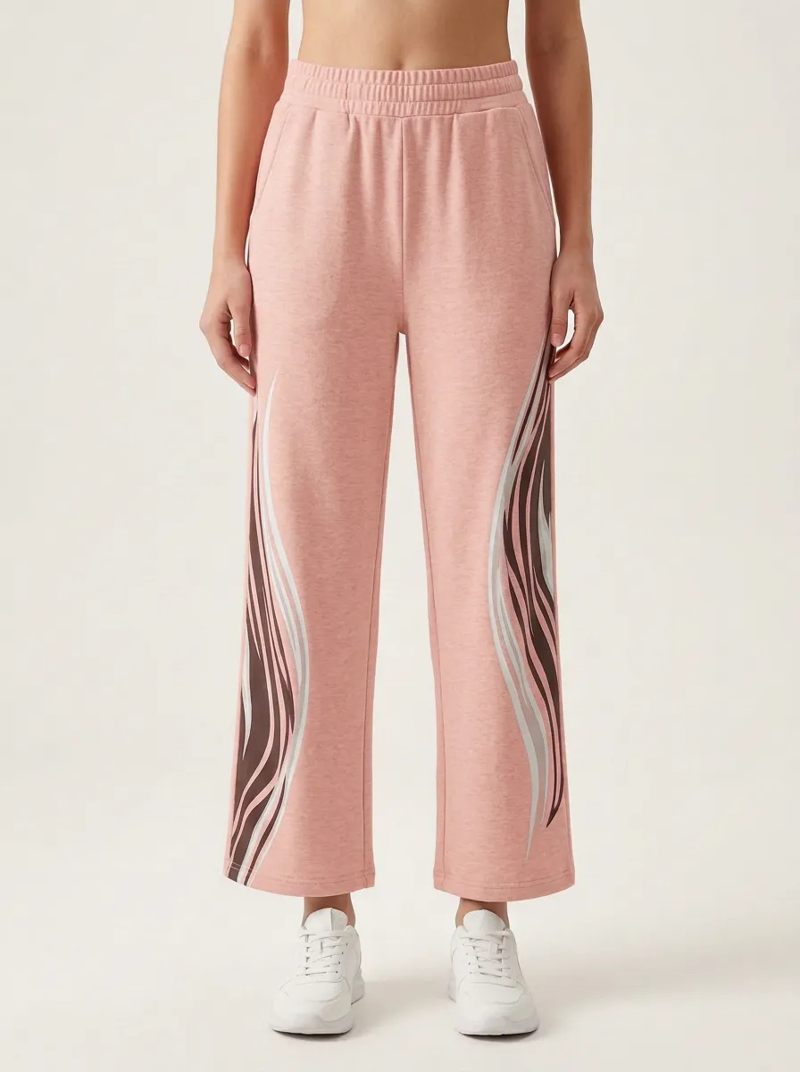 Women's Beige Elastic Waist Wide-Leg Sweatpants