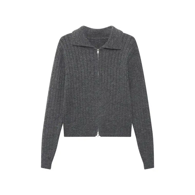 Ribbed Zip Front Polo Collar Ribbed Sweater