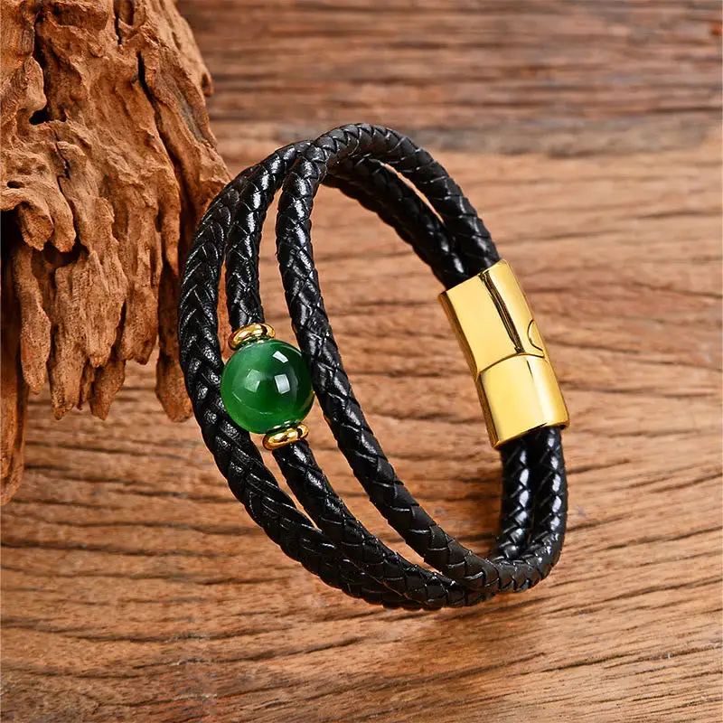 Bead Tiger Eye Amethyst Craved Leather Bracelet