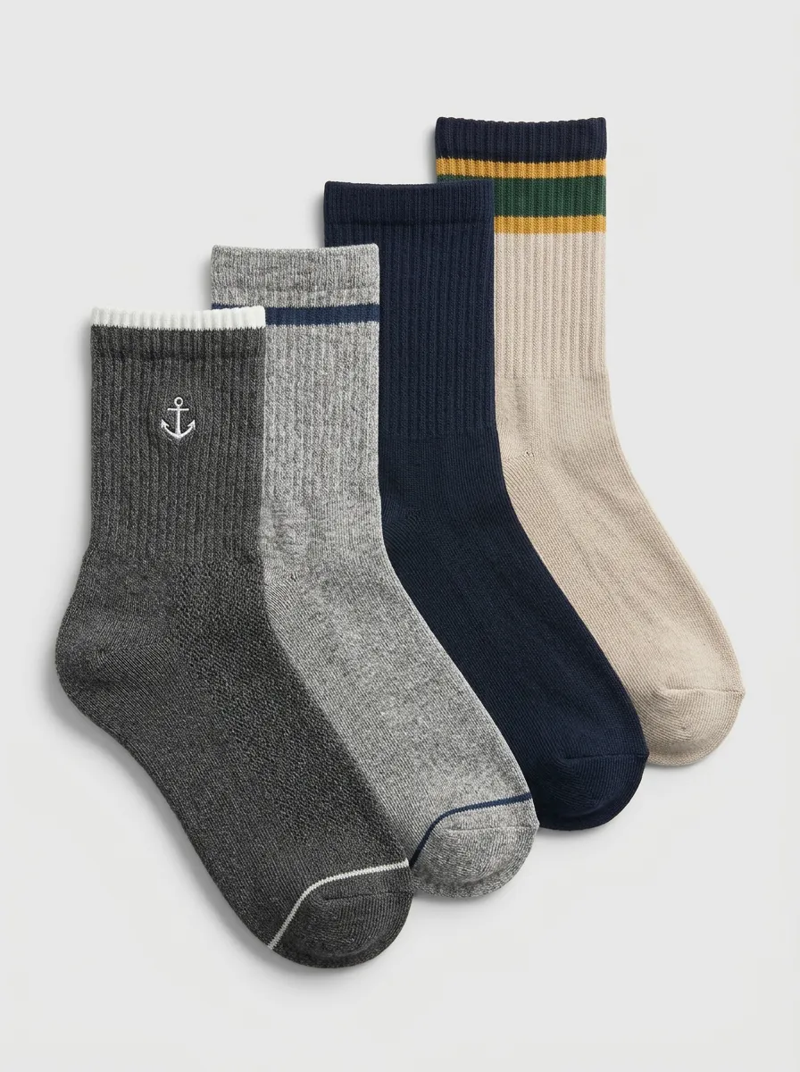 Men's Crew Socks Four-Pair Pack with Striped Ribbed Texture Embroidered Detail Crew Length