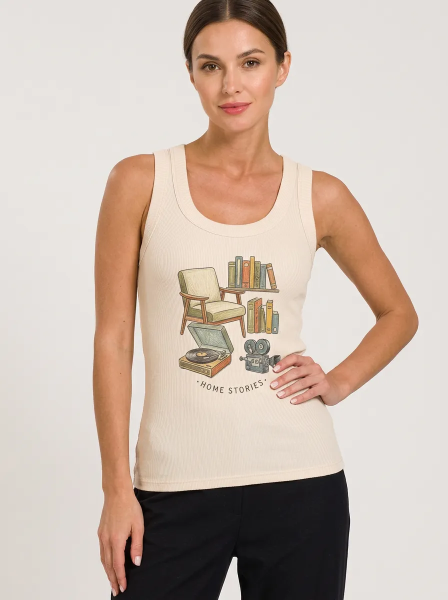 Women's Book Home Stories Record Player Graphic Tank Top