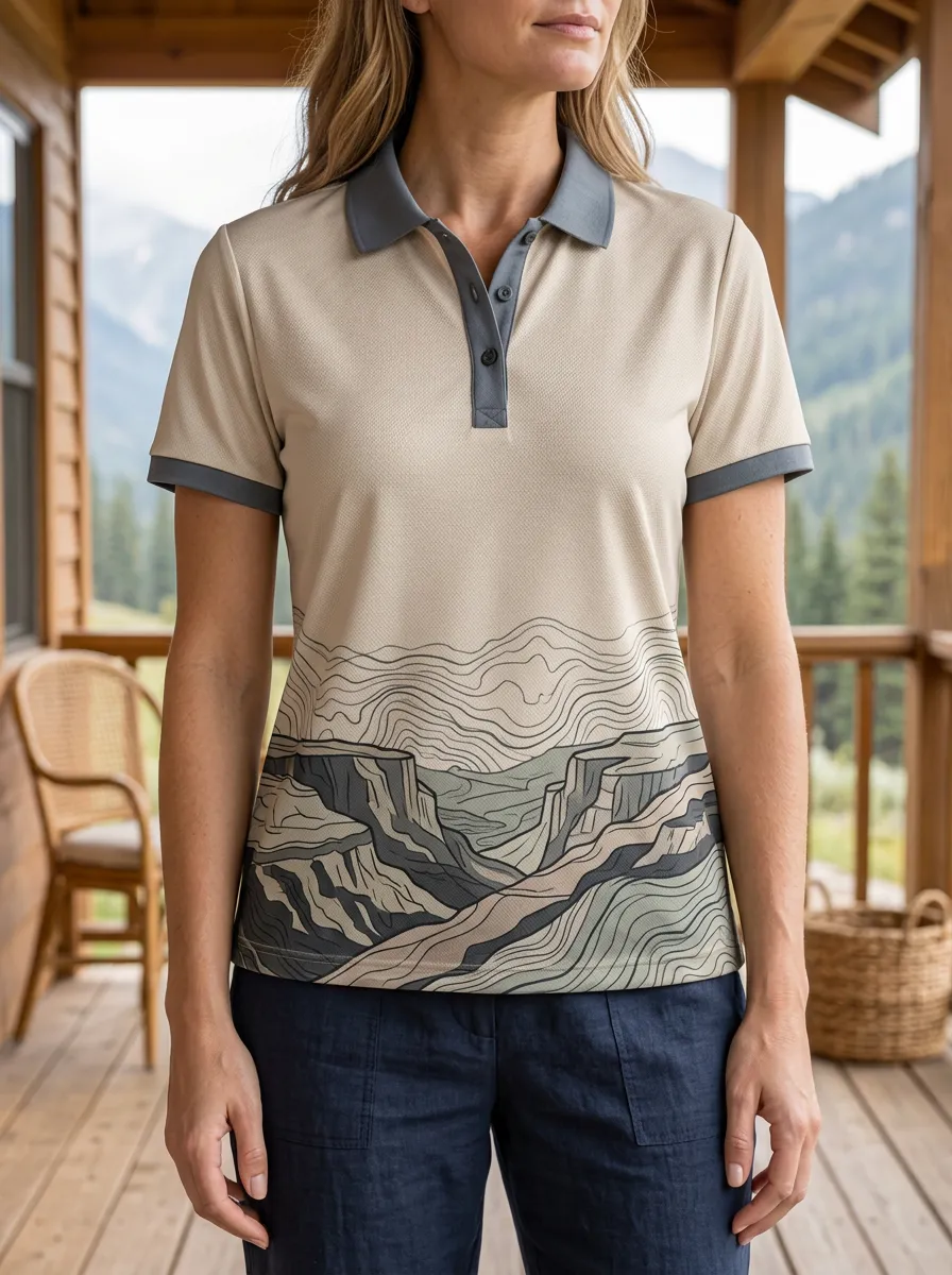 Women's Nature Hiking Lover Mountain Landscape Printed Polo Shirt