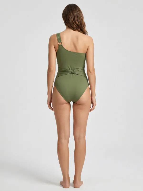 Women's One-Shoulder Ring-Detail Ribbed One-Piece Swimsuit