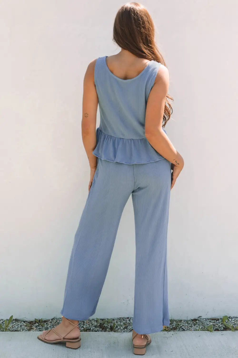 Women's Solid Color Ribbed Ruffle Tank Top and Pants Set