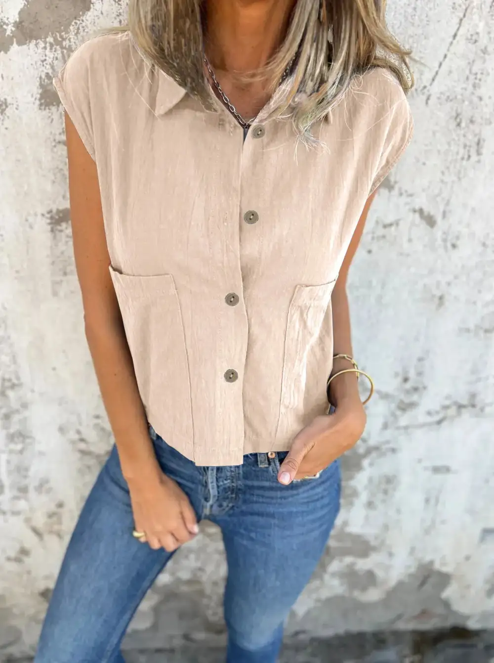 Plus Size Button Down Cap Sleeve Linen Shirt