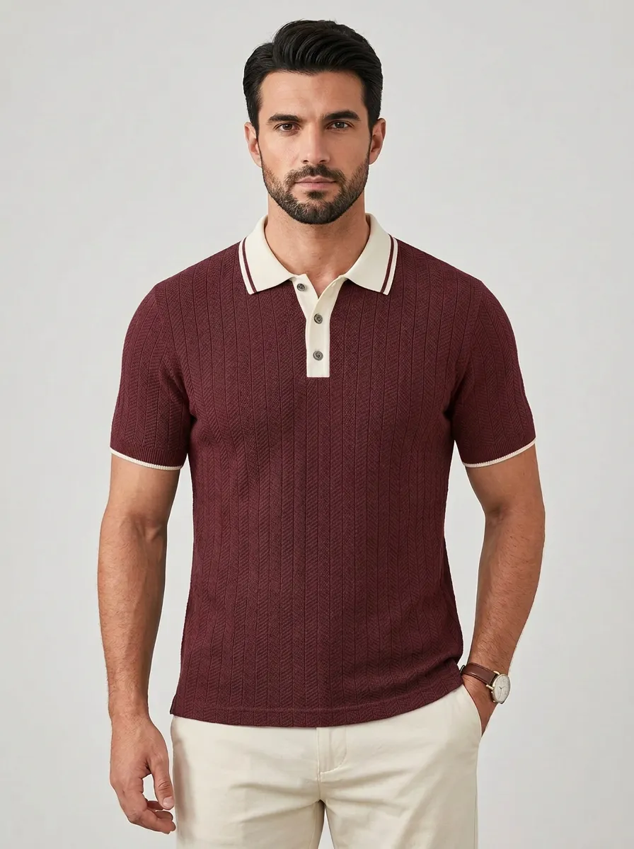 Men's Casual Vintage Vertical Ribbed Contrast Collar Polo Shirt