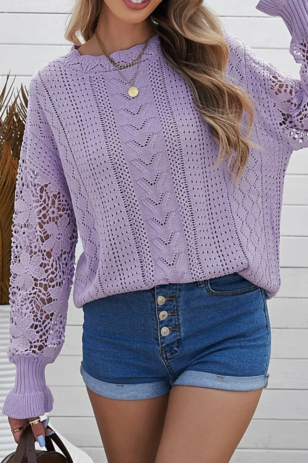 Long Sleeve Round Neck Openwork Sweater