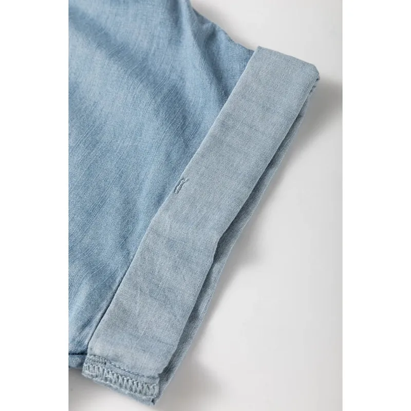 Folded Short-Sleeve Patched Pocket Denim Shirt