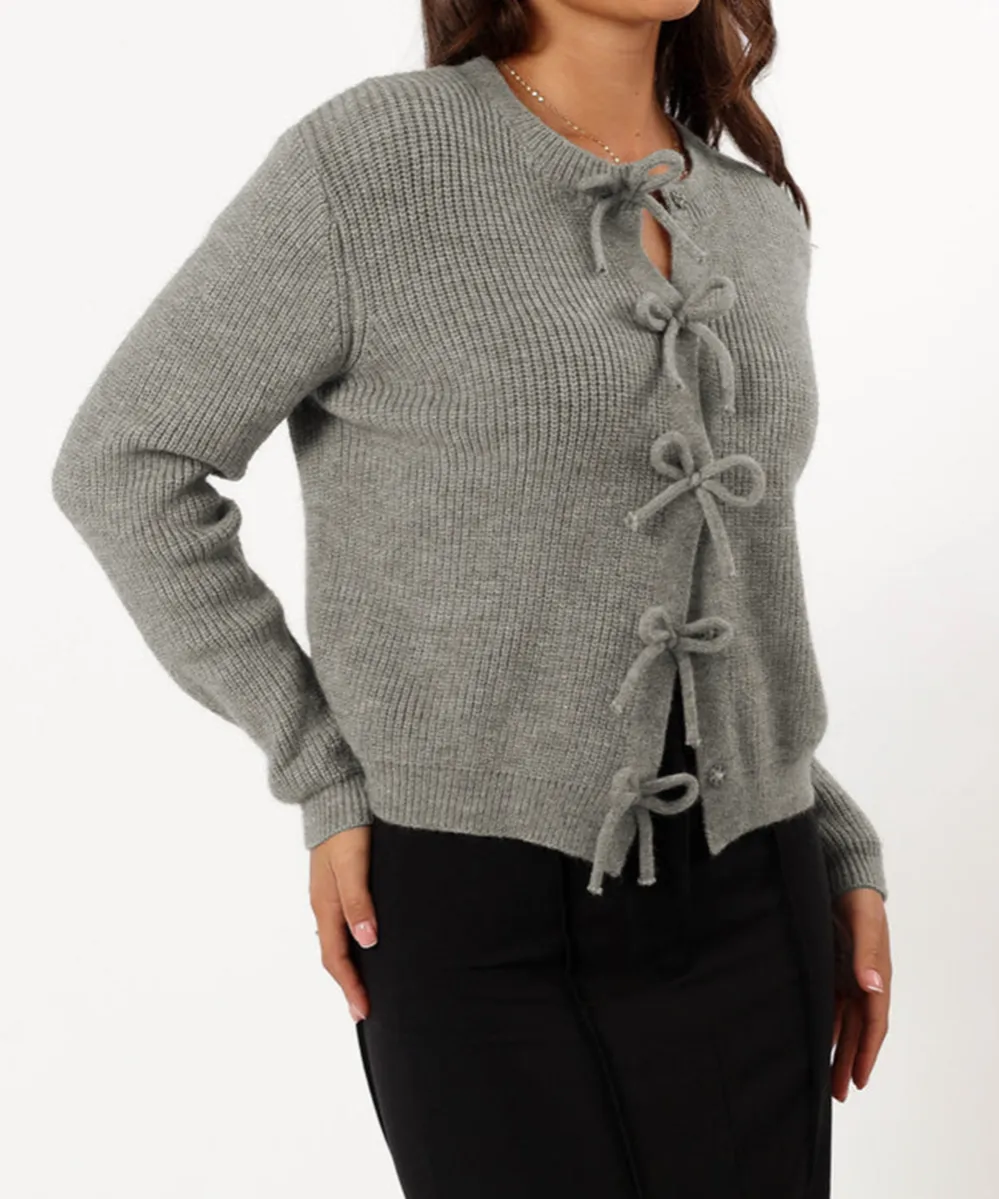 Ribbed Knit Bow Front Buttoned Cardigan