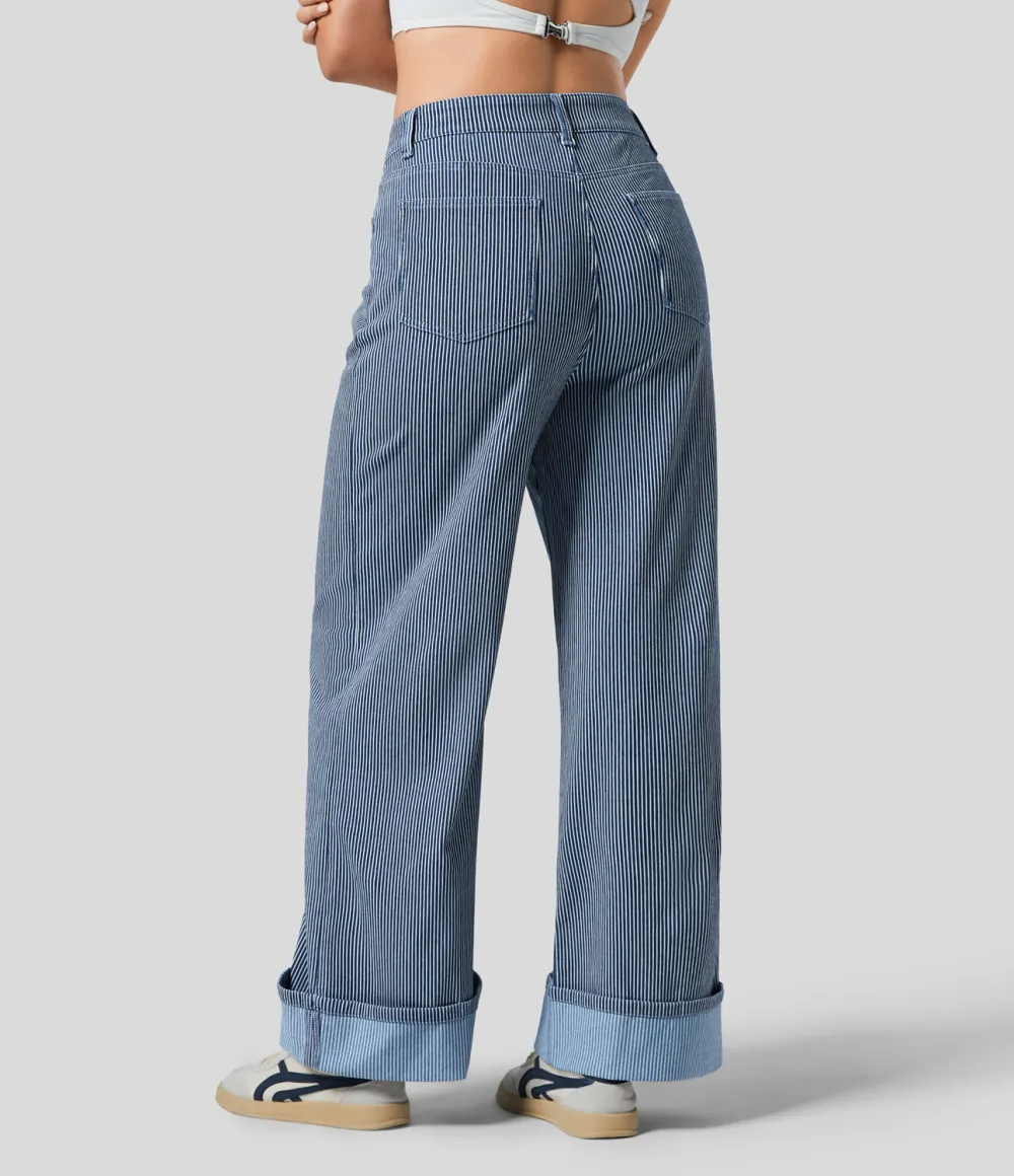 Magic Mid Rise Multiple Pockets Rolled Hem Striped Washed Stretchy Knit Casual Wide Leg Jeans