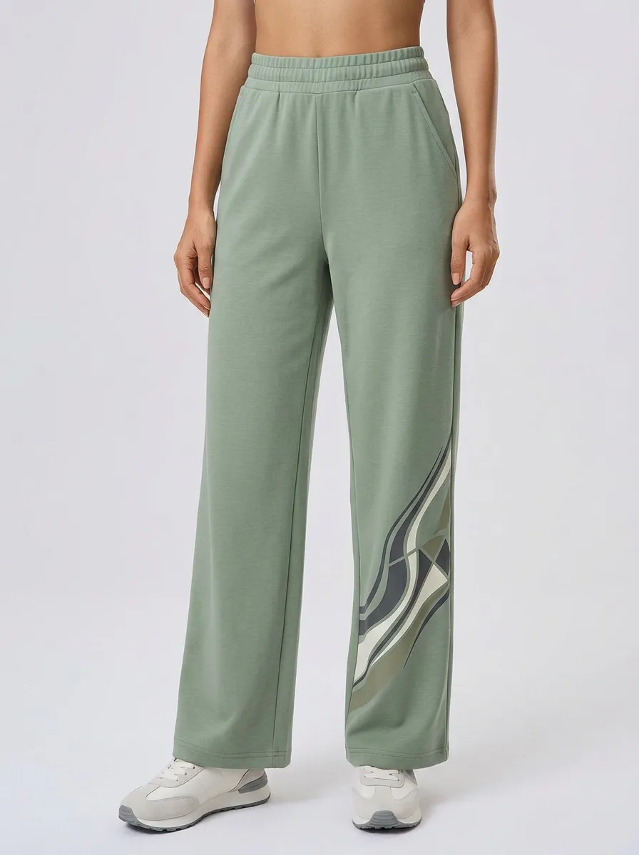 Women's Sage Green Abstract Wave Graphic Wide Leg Sweatpants