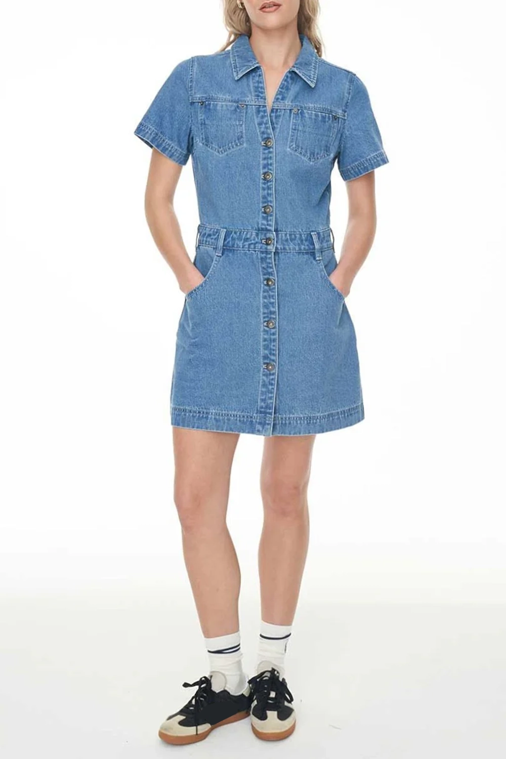 Denim Button - Front Short - Sleeve Dress