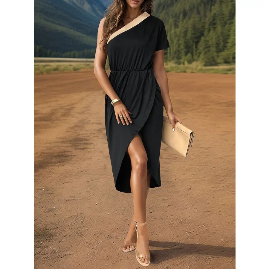 Slit Single Shoulder Short Sleeve Midi Dress