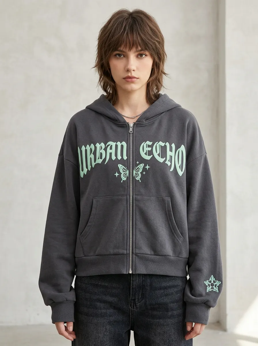 Women's Streetwear Urban Echo Butterfly Star Printed Zip-up Hoodie