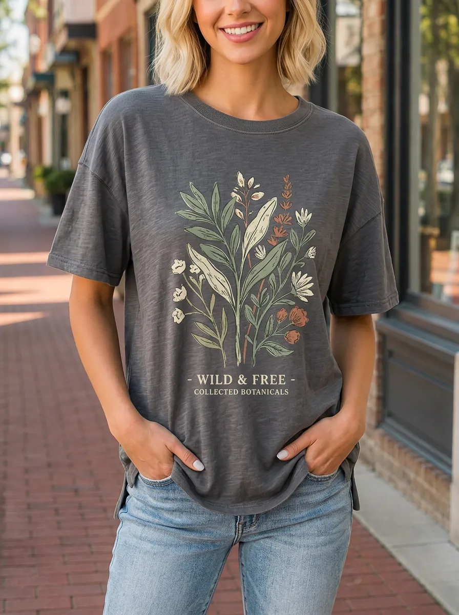 Women's Wild & Free Botanical Flower Printed T-shirt