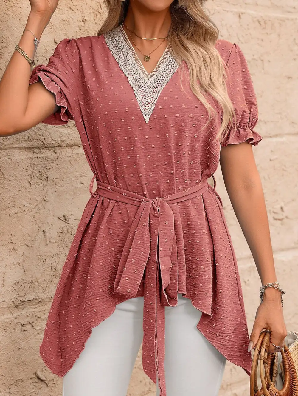 Jacquard V-Neck Chiffon Top
