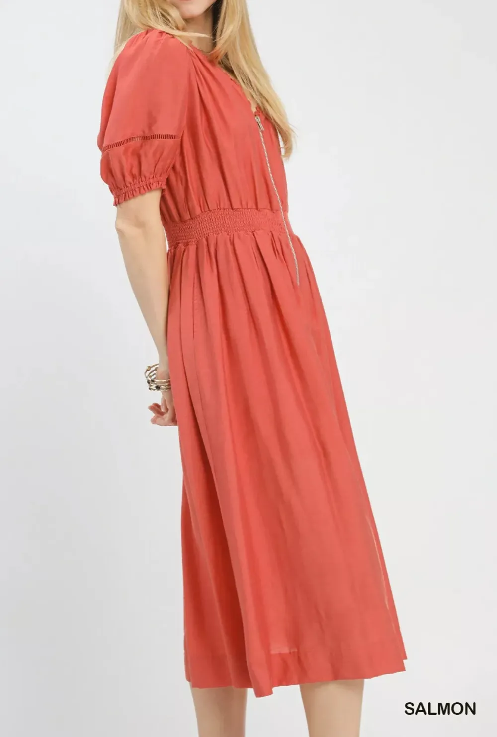 Zip-Front Smocked Waist Midi Dress