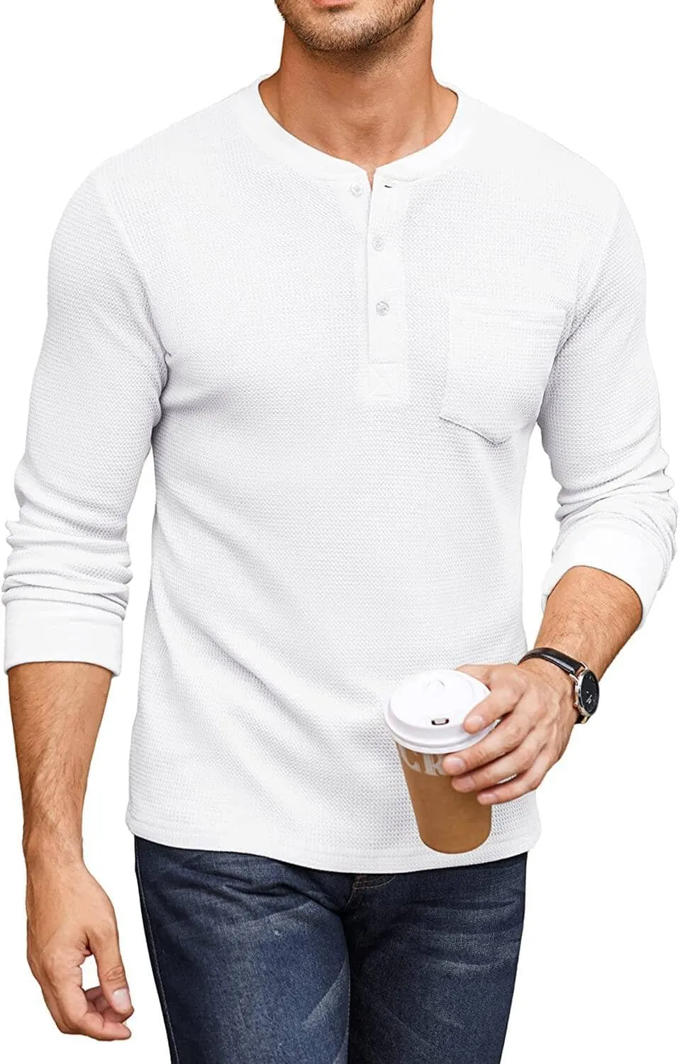 Basic Waffle Pullover Long Sleeve T-Shirt Hoodie