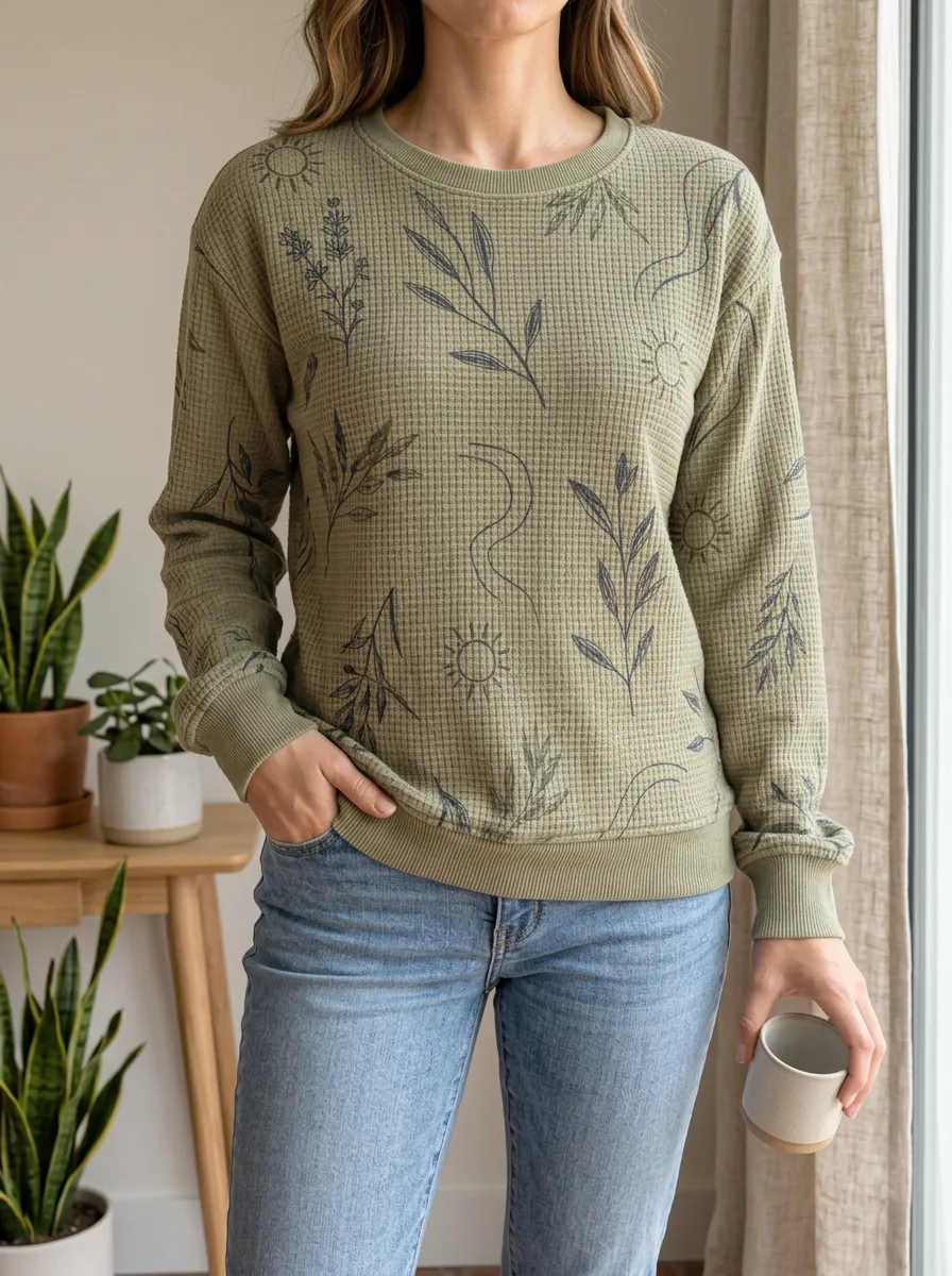 Women's Boho Nature Lover Sun Leaf Waffle Knit Crewneck Sweatshirt