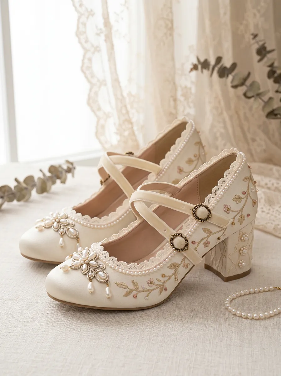 Pearl Floral Embroidered Women's Bavarian Occasion Heels