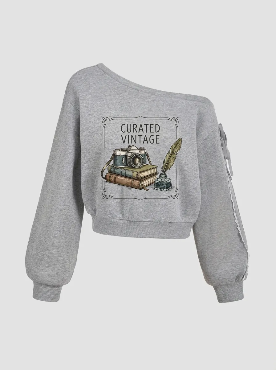 Women's Vintage Camera Books Quill Printed Off-Shoulder Sweatshirt