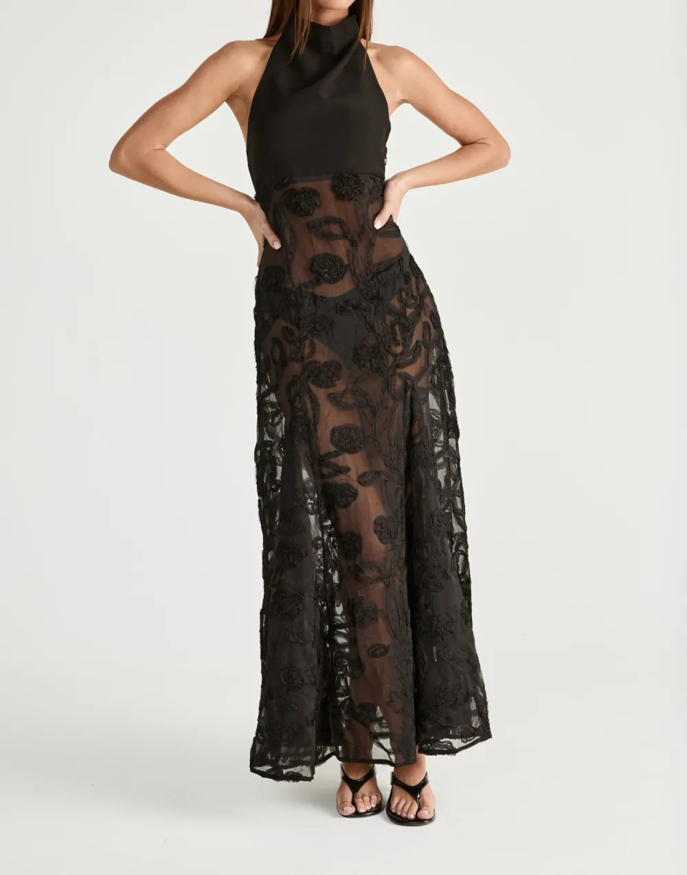Fashion Floral Textured Open Back High Neck Dress