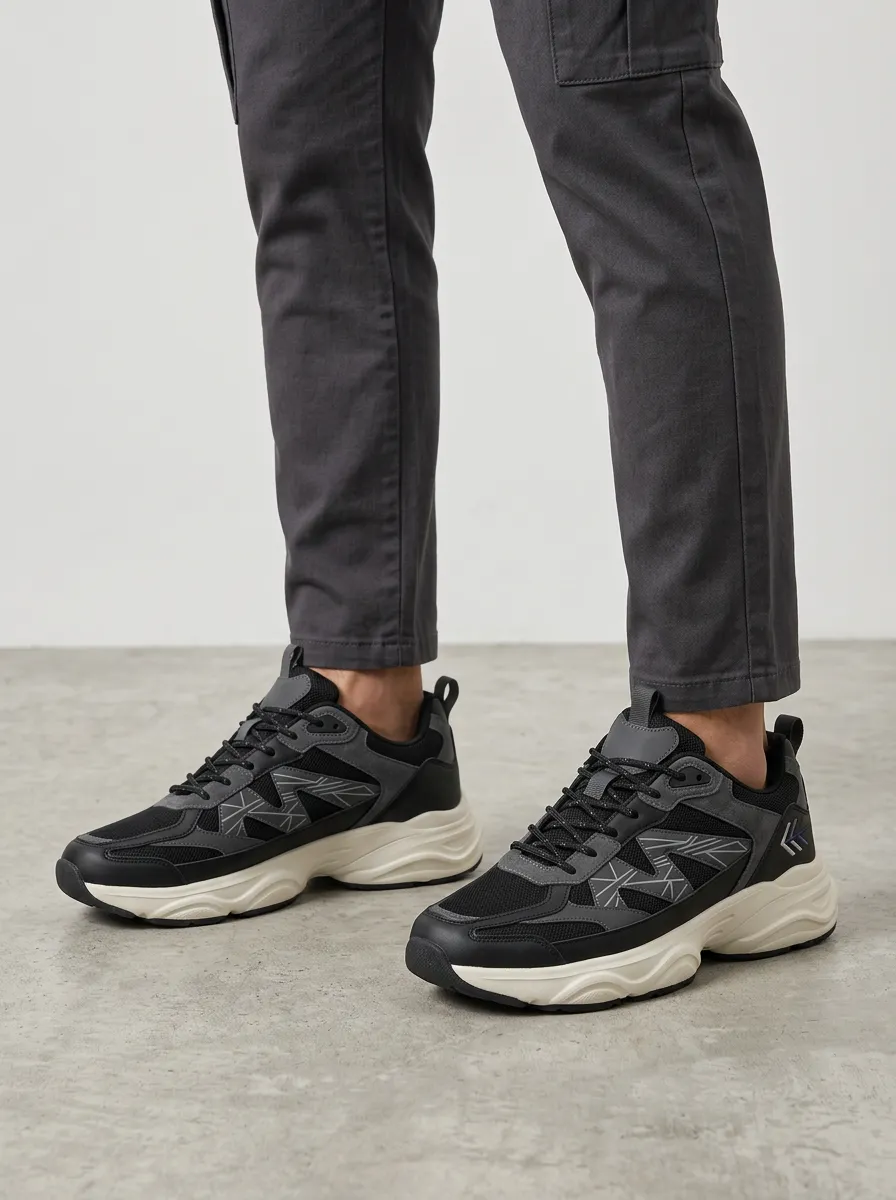 Men's Black Geometric Pattern Athletic Sneakers