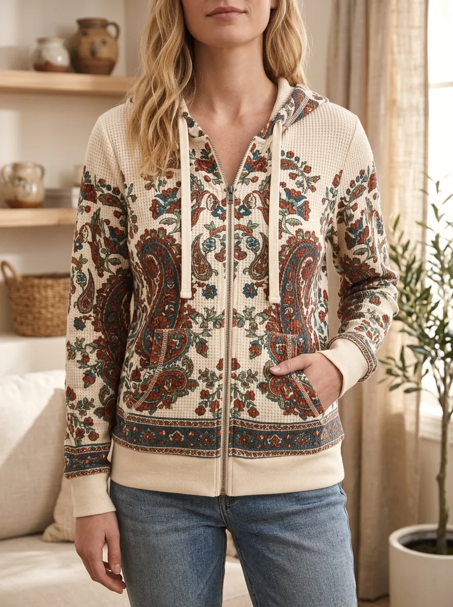 Women's Boho Paisley Floral Waffle Knit Printed Zip-Up Hoodie