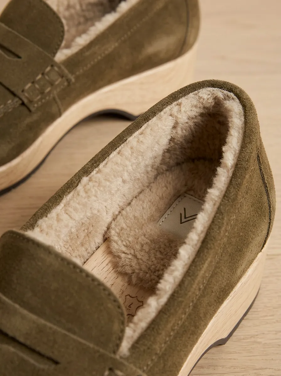 Plush Lined Suede Wood Sole Clog Loafers