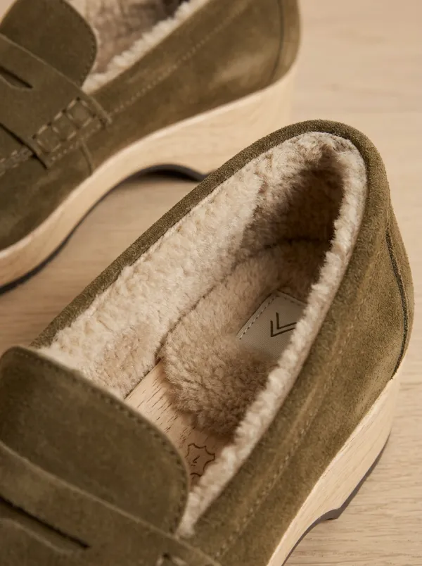 Plush Lined Suede Wood Sole Clog Loafers