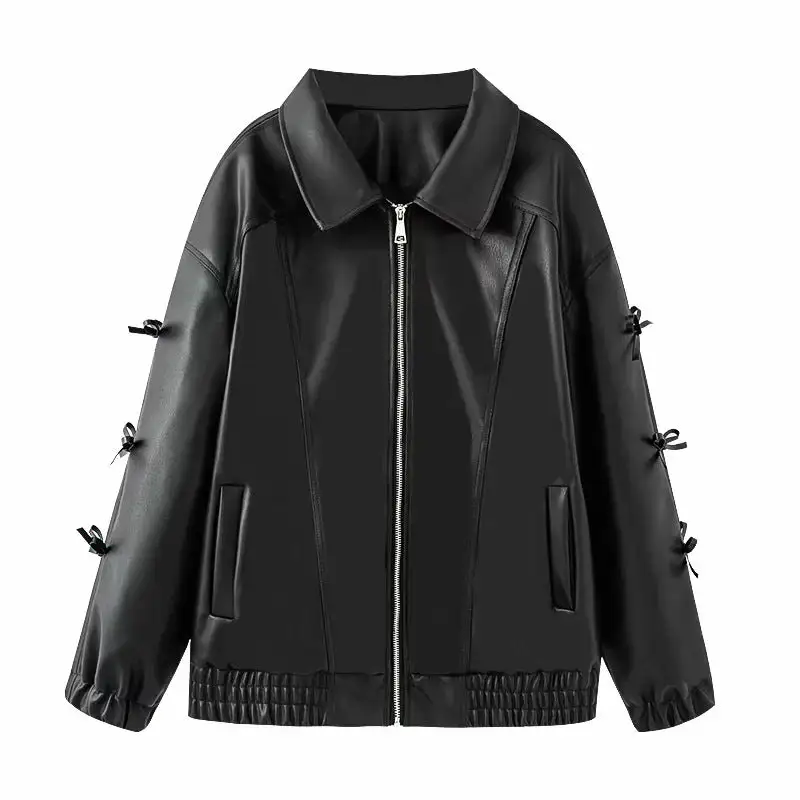 Tailored Faux Leather Zip Front Elastic Hem Bomber Jacket