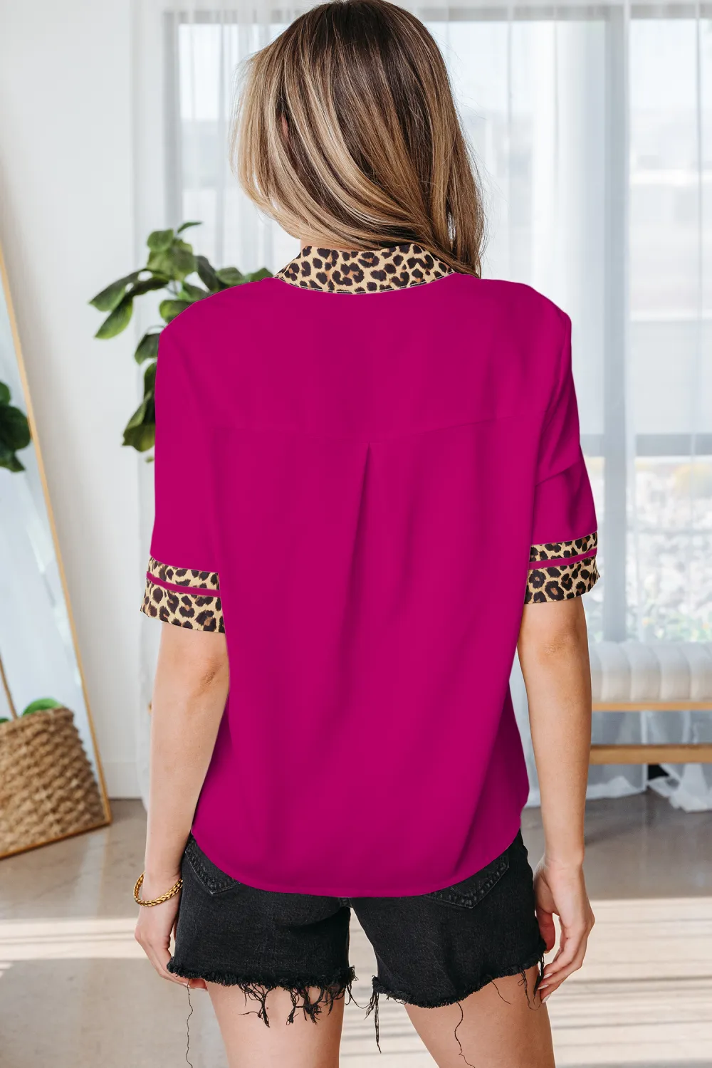 Violet Leopard Patchwork Trim Split Blouse