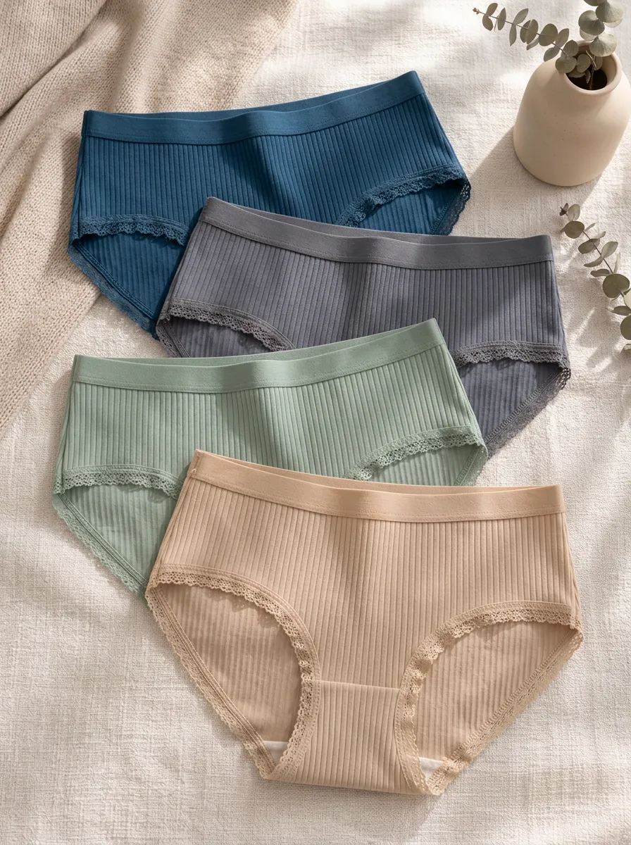 Women's Flat-Waistband Ribbed Lace-Trim Briefs Set