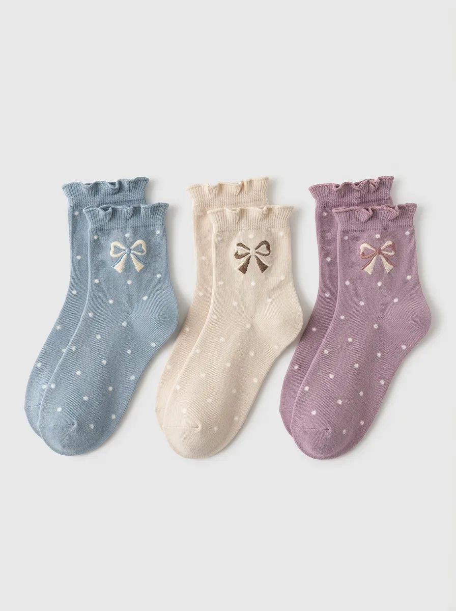 Women's Cute Bowknot Polka Dot Ruffle Trim Printed Socks 3-Pack