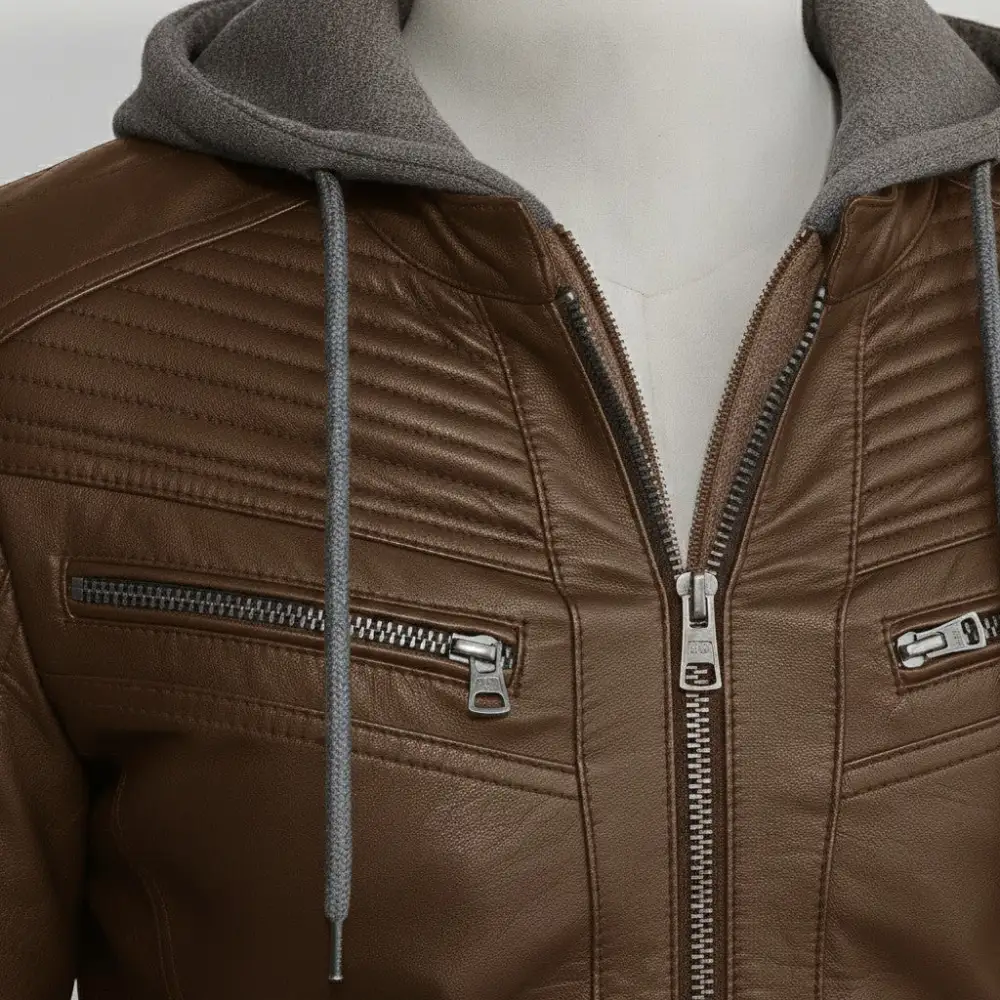 Classic Leather Biker Hooded Jacket