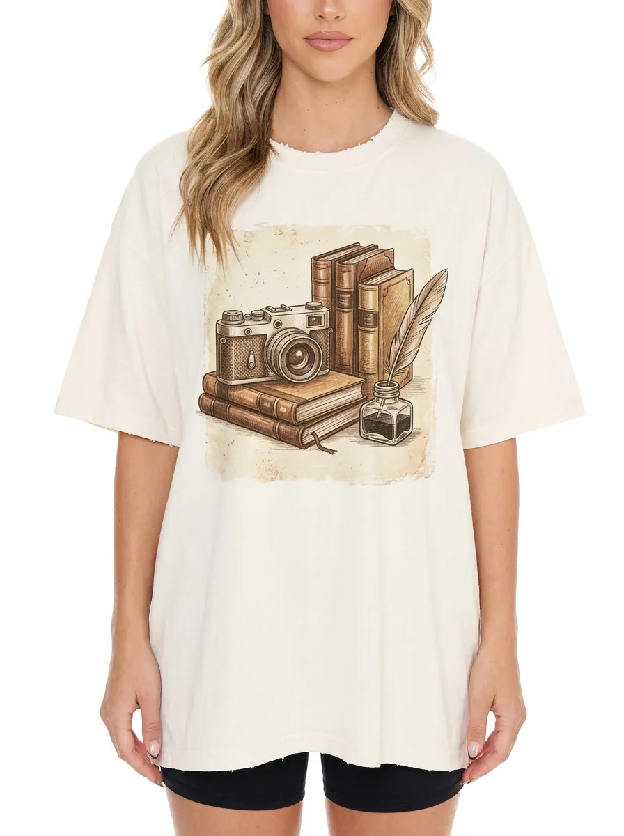 Women's Writer Photographer Vintage Books Camera Ink Graphic T-Shirt
