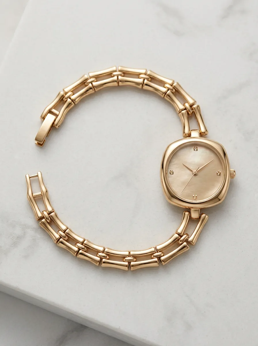 Women's Minimalist Gold Bamboo Link Mother of Pearl Watch