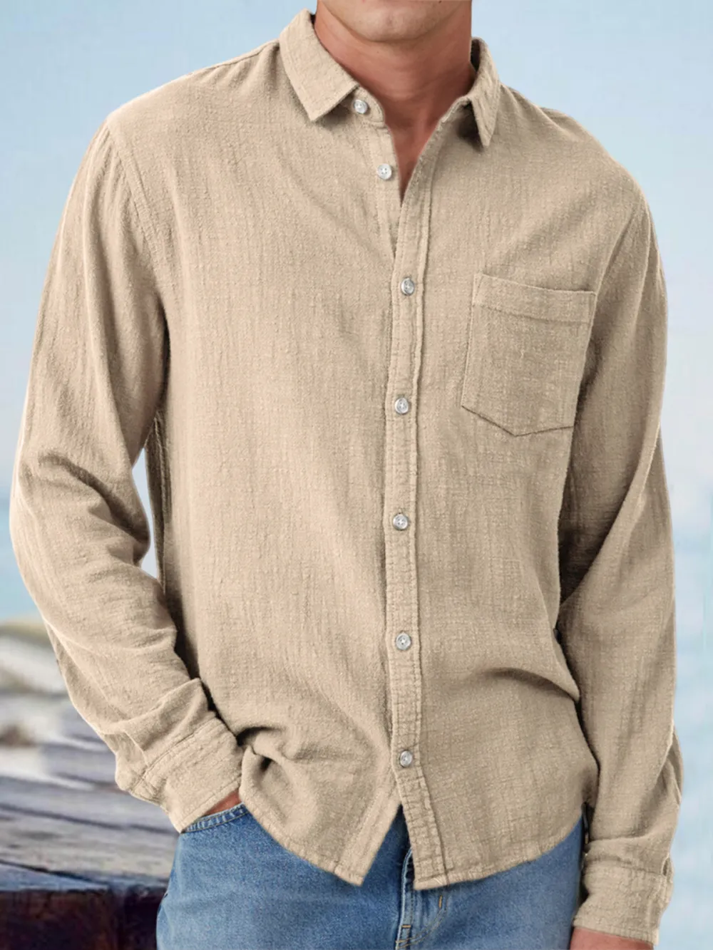 Everyday Long Sleeve Open Collar Pocket Shirt