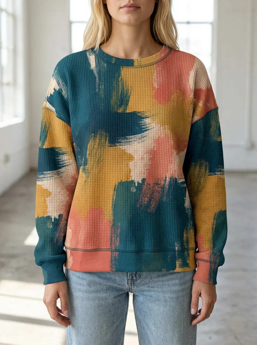 Women's Abstract Brushstroke Waffle Knit Crewneck Sweatshirt